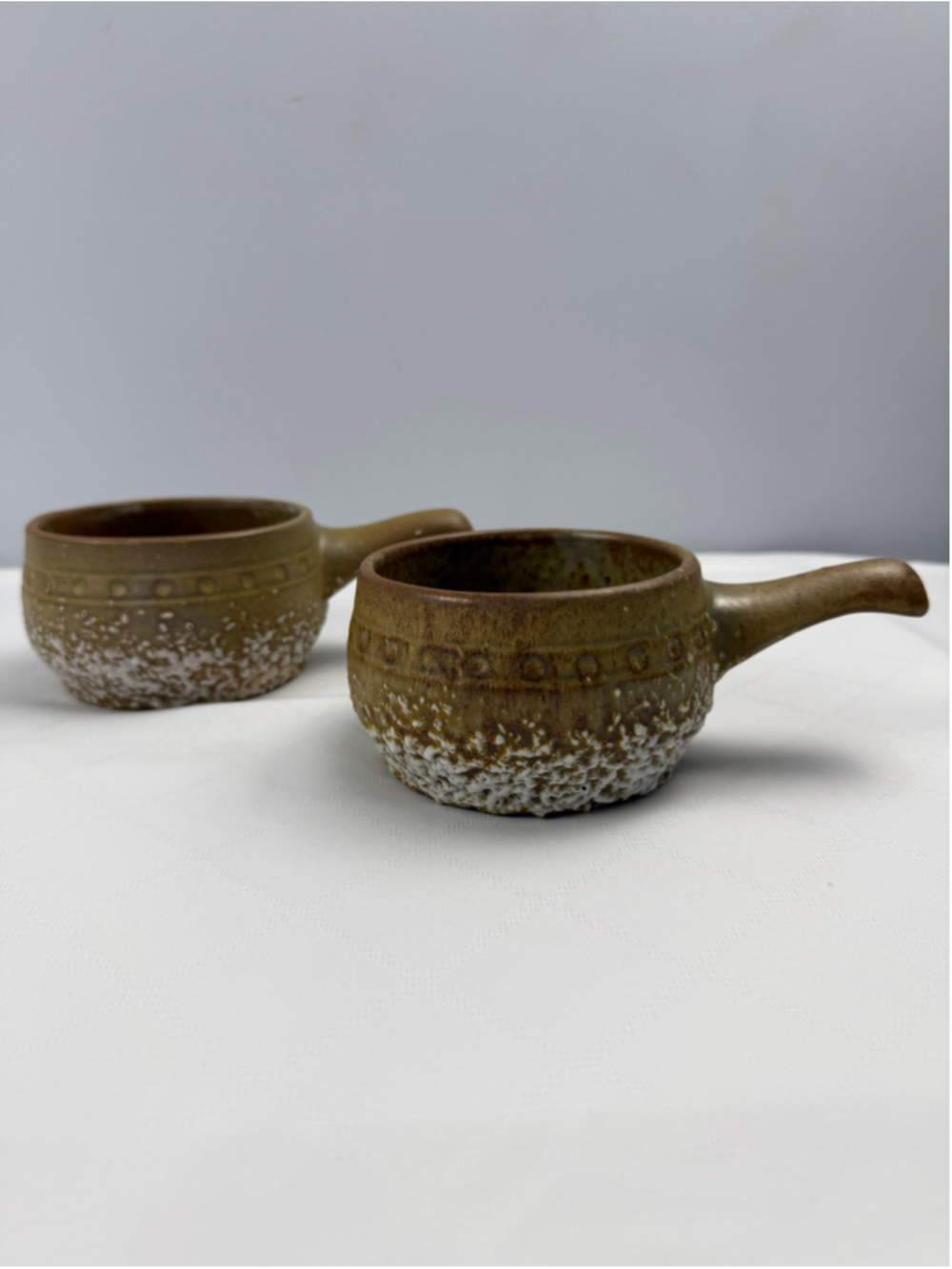 Laurentian Pottery Onion Soup Handle Bowl Brown and White Ceramic set of 2